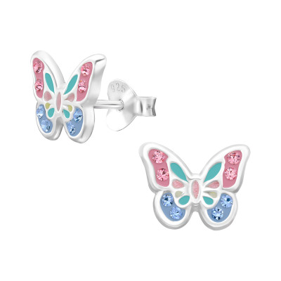 Butterfly Children's Sterling Silver Ear Studs with Crystal and Epoxy