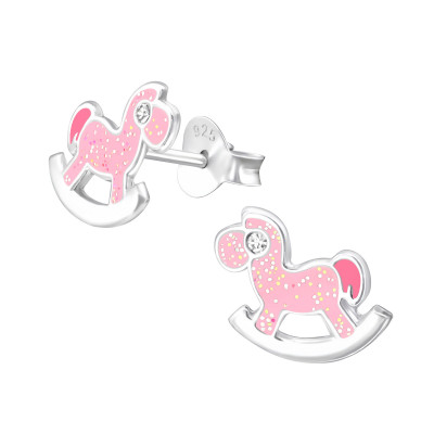 Children's Silver Rocking Horse Ear Studs with Crystal and Epoxy