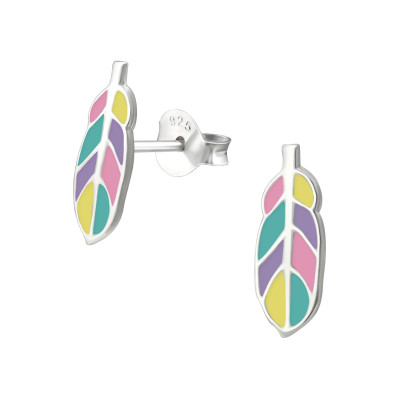 Children's Silver Feather Ear Studs with Epoxy