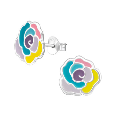 Children's Silver Flower Ear Studs with Epoxy