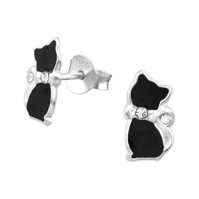 Children's Silver Cat Ear Studs with Crystal and Epoxy