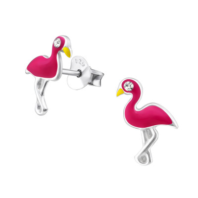 Children's Silver Flamingo Ear Studs with Crystal and Epoxy