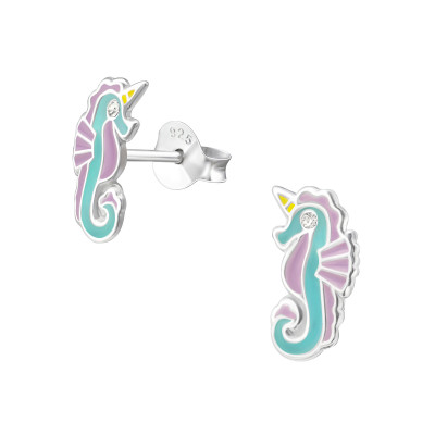 Children's Silver Sea Unicorn Ear Studs with Crystal and Epoxy