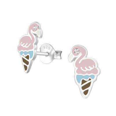 Children's Silver Flamingo Ear Studs with Crystal and Epoxy