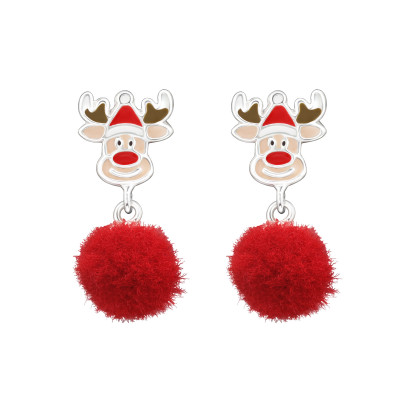 Reindeer Children's Sterling Silver Ear Studs with Epoxy and Hanging Pom Pom