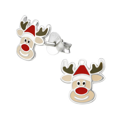 Children's Silver Reindeer Ear Studs with Epoxy