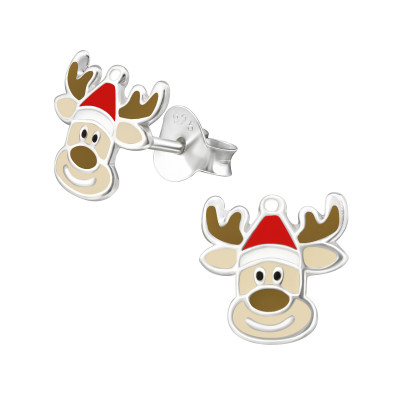 Children's Silver Reindeer Ear Studs with Epoxy