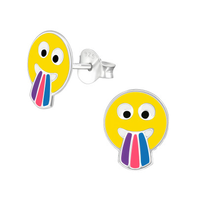 Children's Silver Tongue Face Emoji Ear Studs with Epoxy