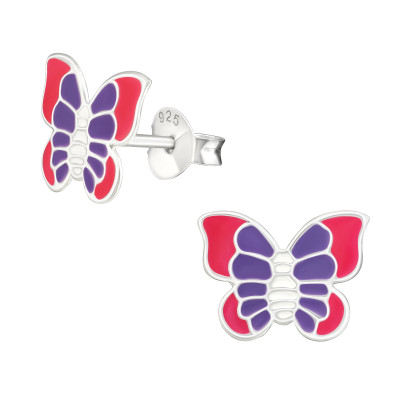 Children's Silver Butterfly Ear Studs with Epoxy