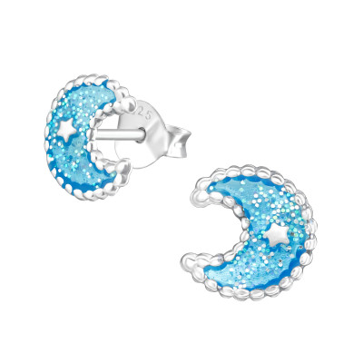 Children's Silver Moon Ear Studs with Epoxy