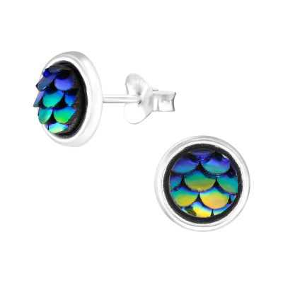 Children's Silver Round Ear Studs with Resin Fish Scale