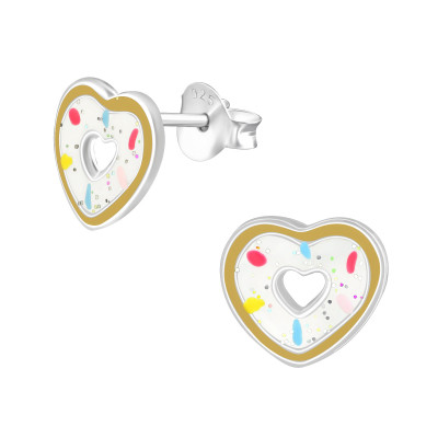 Children's Silver Heart Doughnut Ear Studs with Epoxy