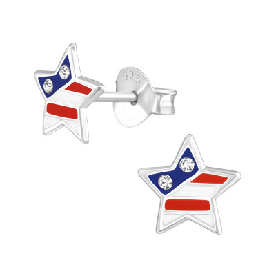 Children's Silver Usa Star Ear Studs with Crystal and Epoxy