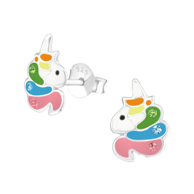 Children's Silver Unicorn Ear Studs with Crystal and Epoxy