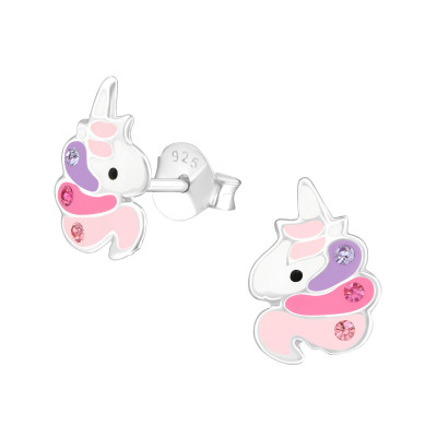 Children's Silver Unicorn Ear Studs with Crystal and Epoxy