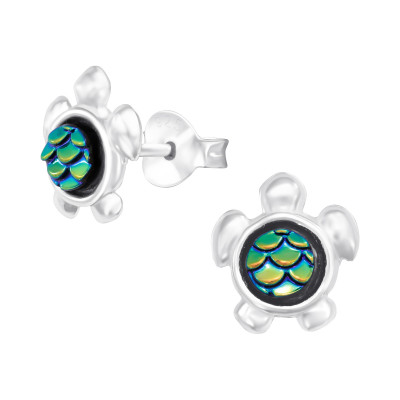 Children's Silver Turtle Ear Studs with Resin Fish Scale