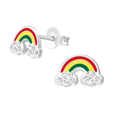 Children's Silver Rainbow Ear Studs with Crystal and Epoxy