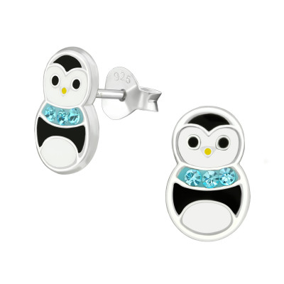 Children's Silver Penguin Ear Studs with Crystal and Epoxy