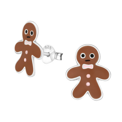 Children's Silver Gingerbread Ear Studs with Epoxy