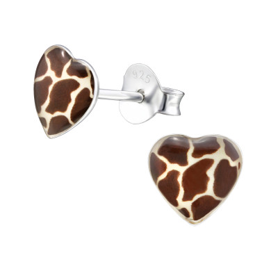 Children's Silver Giraffe Print Heart Ear Studs