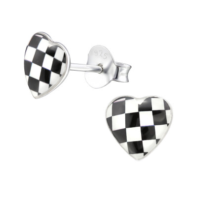 Children's Silver Checkered Heart Ear Studs