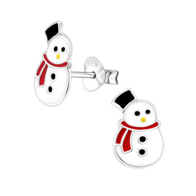 Children's Silver Snowman Ear Studs with Epoxy