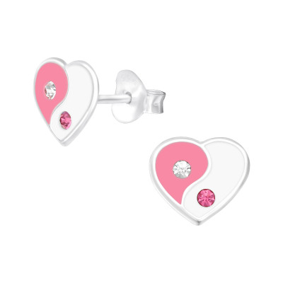 Children's Silver Yin-Yang Heart Ear Studs with Crystal and Epoxy