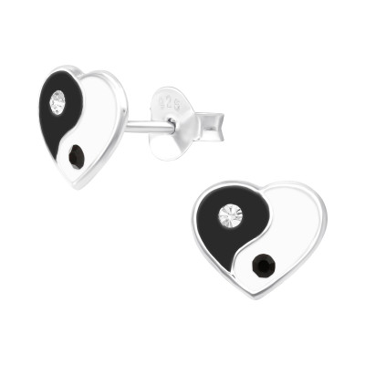 Children's Silver Yin-Yang Heart Ear Studs with Crystal and Epoxy