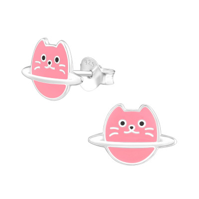 Children's Silver Planet Cat Ear Studs with Epoxy