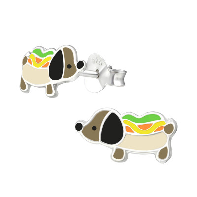 Children's Silver Puppy Hot Dog Ear Studs with Epoxy