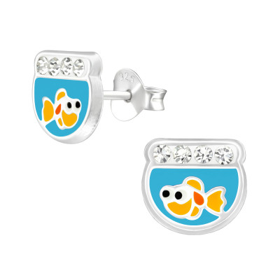 Children's Silver Fish Bowl Ear Studs with Crystal and Epoxy