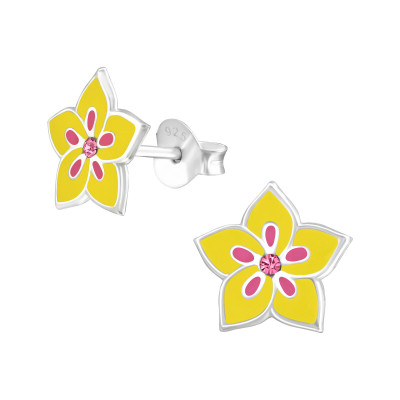 Children's Silver Flower Ear Studs with Crystal and Epoxy