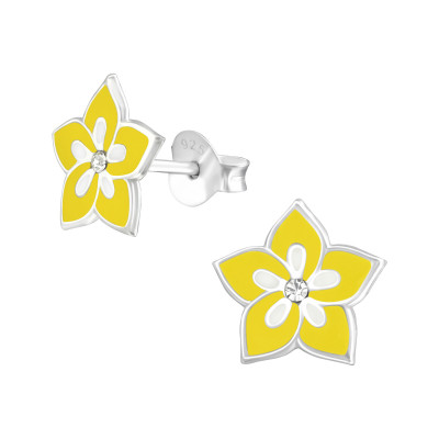 Children's Silver Flower Ear Studs with Crystal and Epoxy