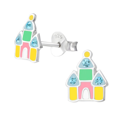 Children's Silver Castle Ear Studs with Crystal and Epoxy