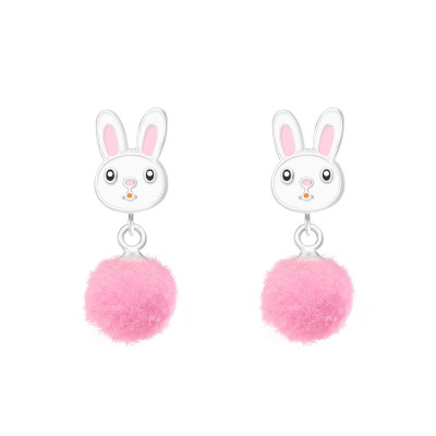 Children's Silver Rabbit Ear Studs with Epoxy and Hanging Pom Pom