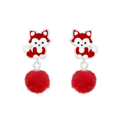 Children's Silver Fox Ear Studs with Epoxy and Hanging Pom Pom