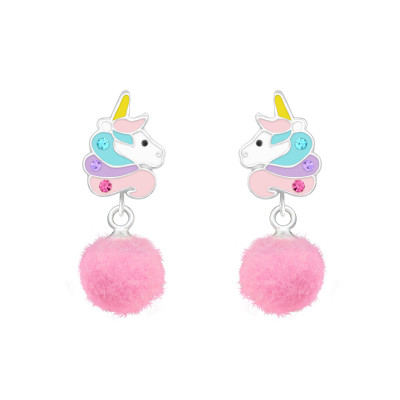 Children's Silver Epoxy Unicorn Ear Studs with Crystal and Hanging Pom Pom