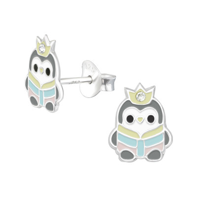 Children's Silver Penguin Ear Studs with Crystal and Epoxy