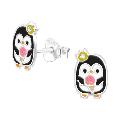 Children's Silver Penguin Ear Studs with Crystal and Epoxy