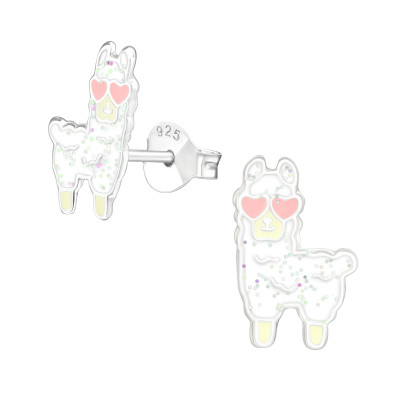 Children's Silver Alpaca Ear Studs with Epoxy