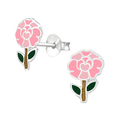 Children's Silver Carnation Ear Studs with Epoxy