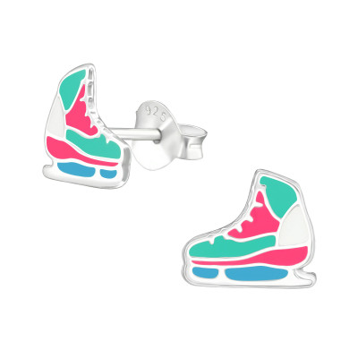 Children's Silver Ice Skating Shoes Ear Studs with Epoxy