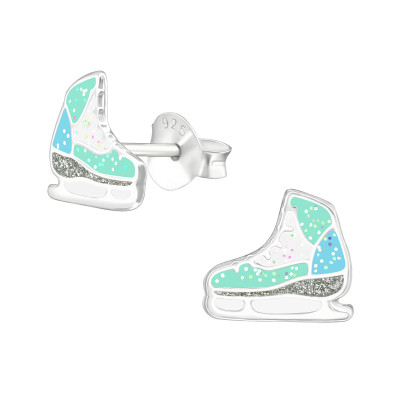 Children's Silver Ice Skating Shoes Ear Studs with Epoxy