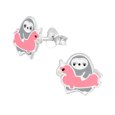 Children's Silver Sloth Ear Studs with Epoxy