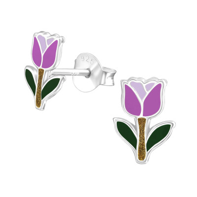 Children's Silver Tulip Ear Studs with Epoxy