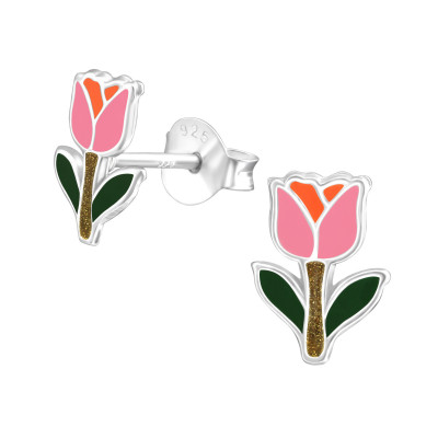 Children's Silver Tulip Ear Studs with Epoxy