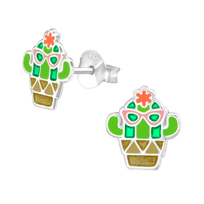 Children's Silver Cactus Ear Studs with Epoxy