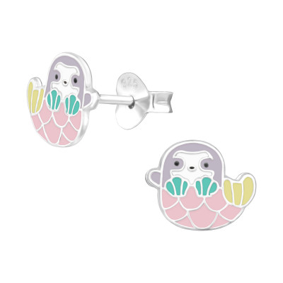 Children's Silver Mermaid Sloth Ear Studs with Epoxy