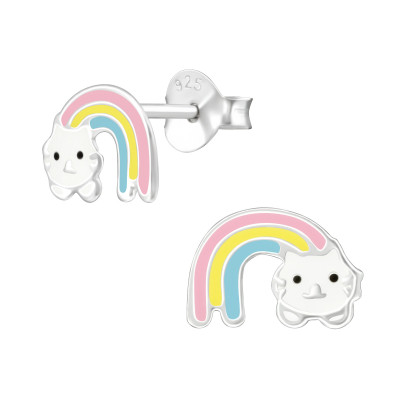 Children's Silver Rainbow Cat Ear Studs with Epoxy