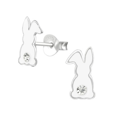 Children's Silver Rabbit Ear Studs with Crystal and Epoxy